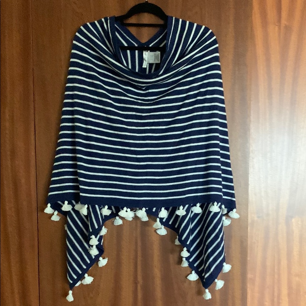Navy and White Striped Poncho with Tassels